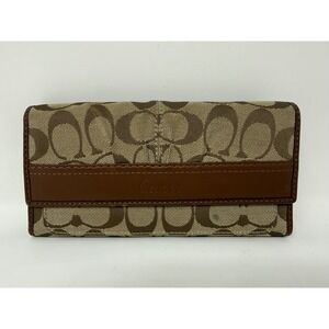 Coach Signature C Monogram Brown Leather Trim Trifold Wallet